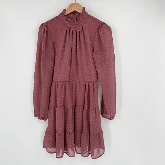 Trixxi Dresses & Skirts - Trixxi Mauve Swiss Dot Tiered Mini Dress High Ruffle Neck Long Sleeve Women's M